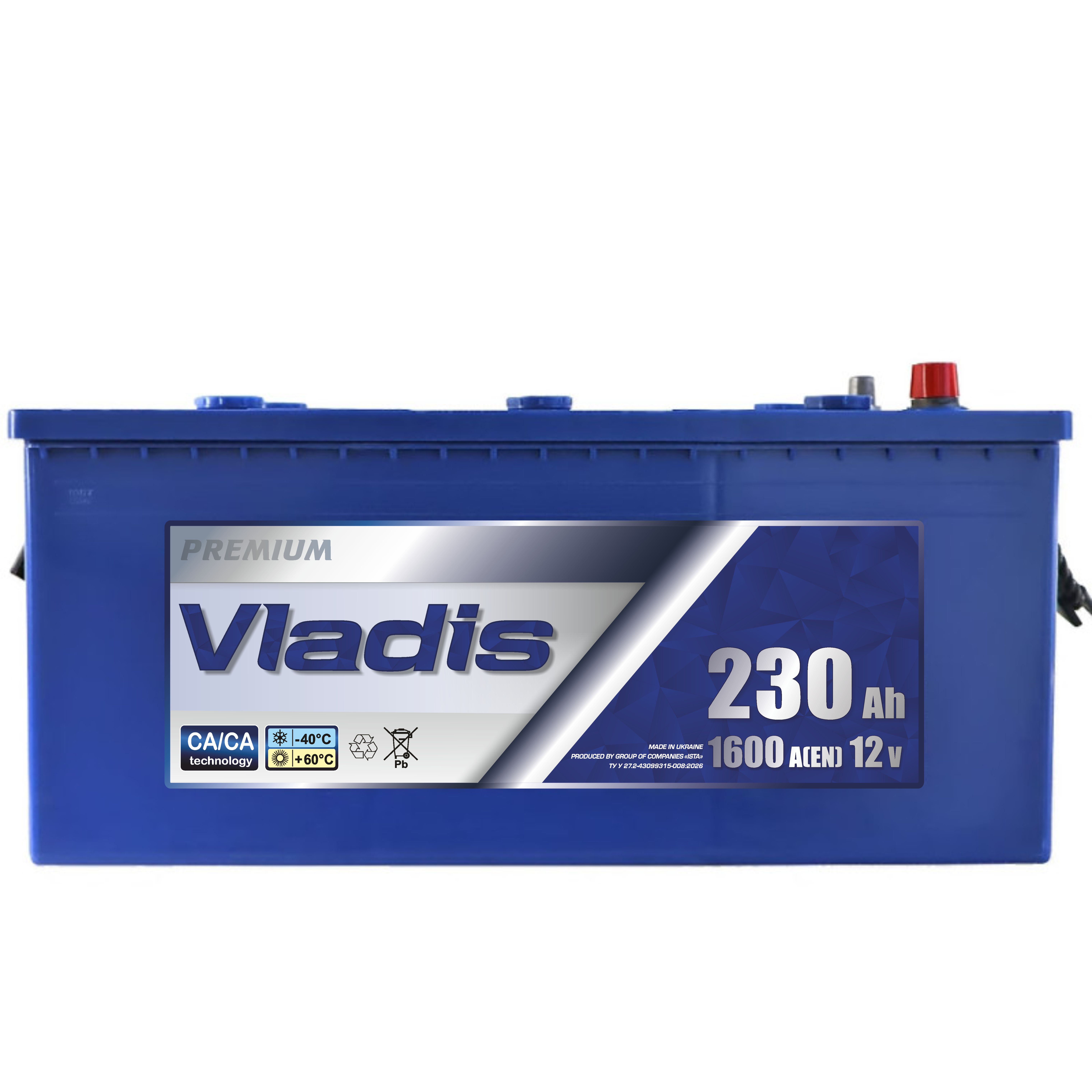 Акумулятор VLADIS PREMIUM 6СТ - 230Аh, 1600A, плюс зліва (L+), 518x276x242мм